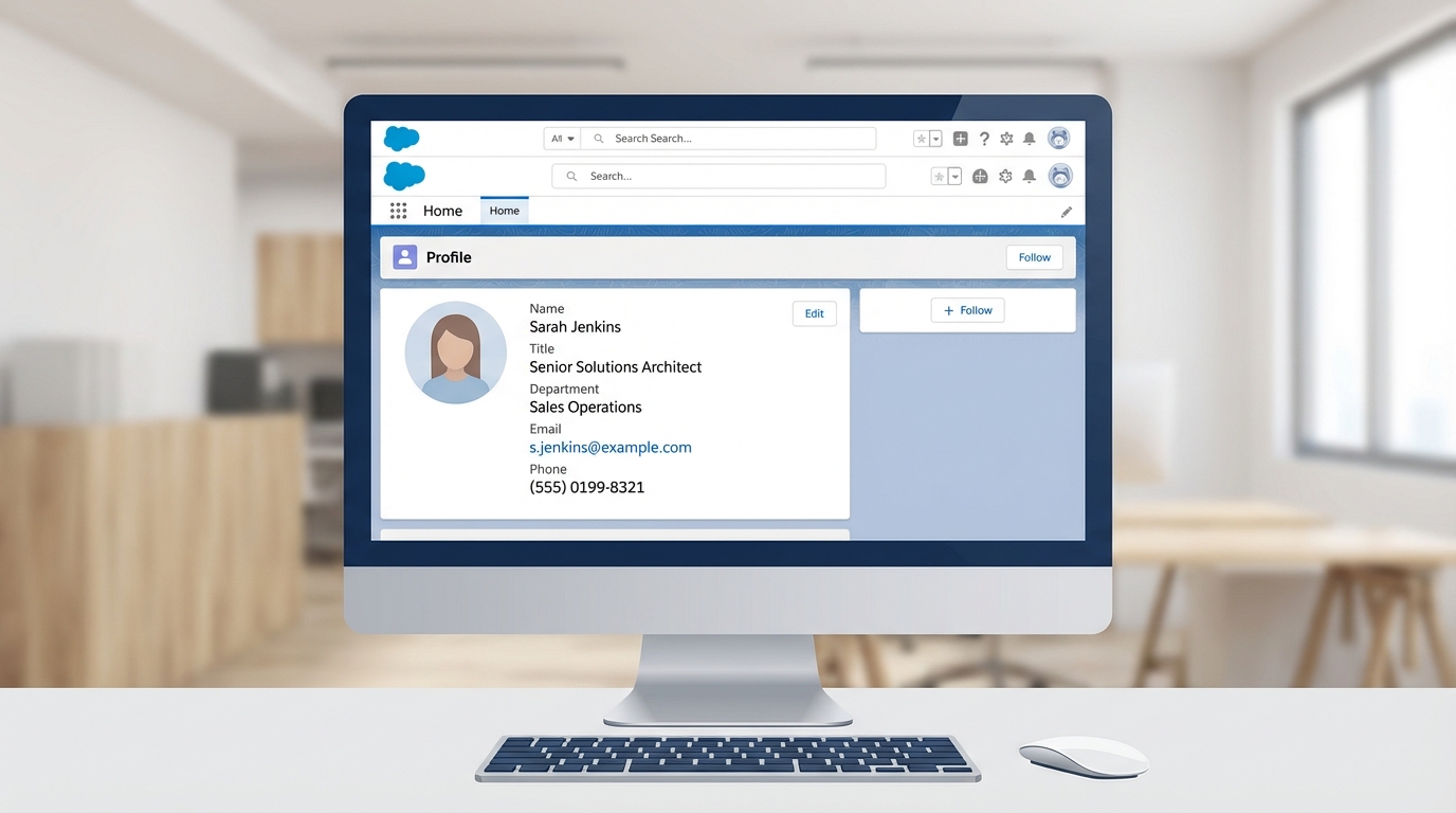 A realistic mockup of a Salesforce Lightning component displaying user and profile information in a clean, professional web interface.