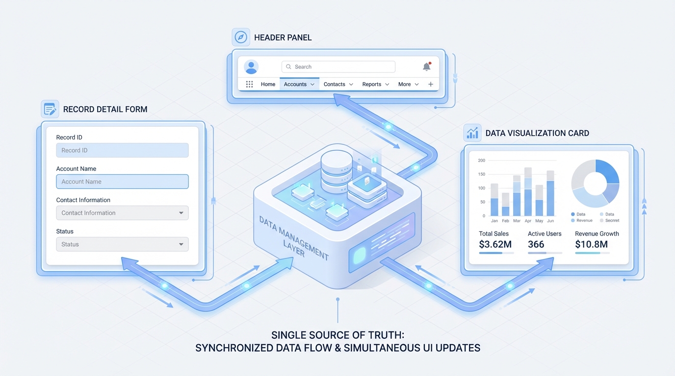 A professional architecture diagram showing a central data service synchronizing updates across multiple UI components in real-time.