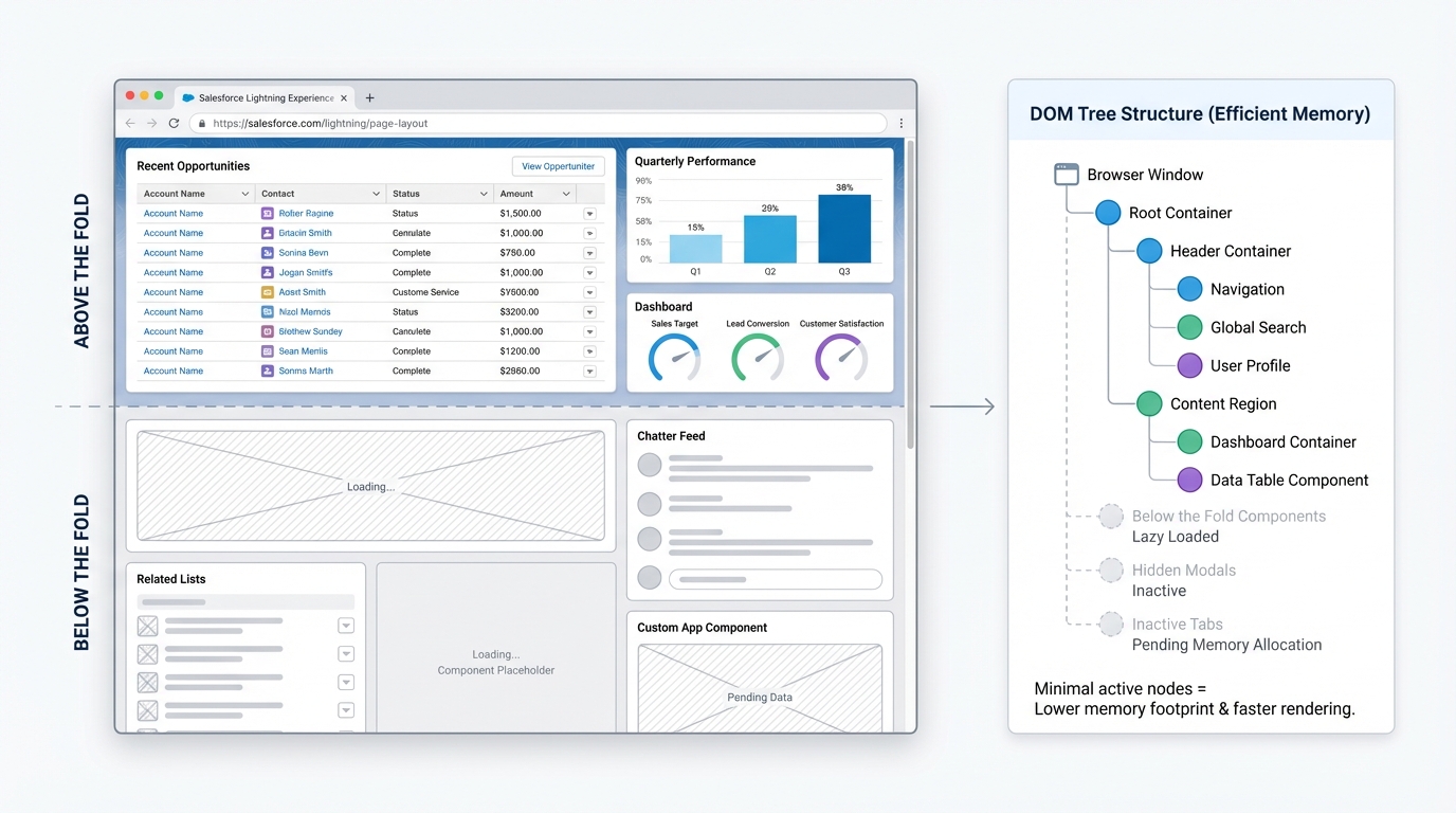 A technical illustration showing a Salesforce page where components below the fold are not yet instantiated in the DOM to save memory and improve performance.