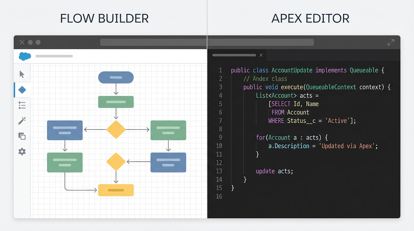 A side-by-side comparison of a Salesforce Flow Builder canvas and a clean Apex code editor, illustrating the choice between low-code and pro-code automation.