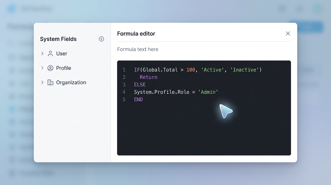 A realistic interface mockup of a formula editor showing logic and global system variables.