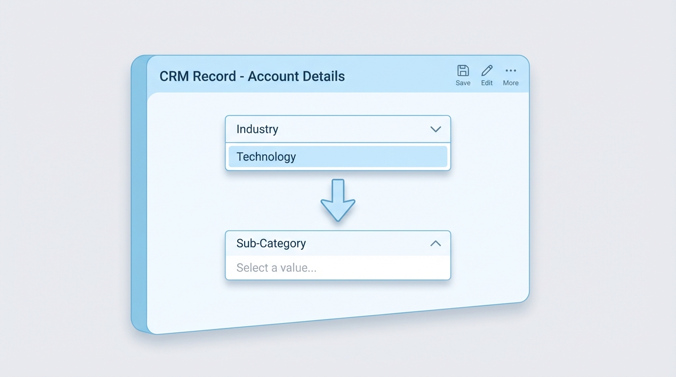 A professional UI diagram illustrating the relationship between a controlling field and a dependent field in a CRM interface.