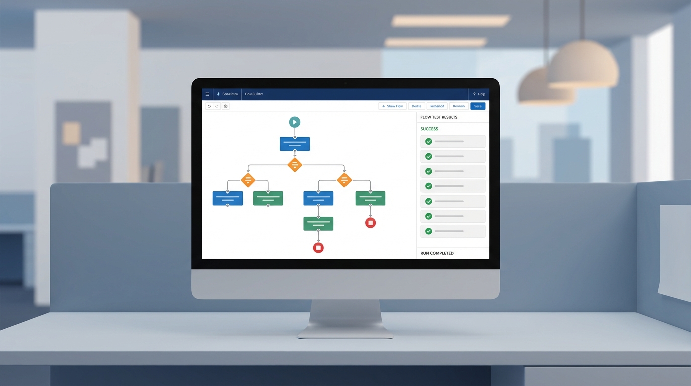 A professional visualization of the Salesforce Flow Builder interface showing a complex automation workflow and testing status panels.
