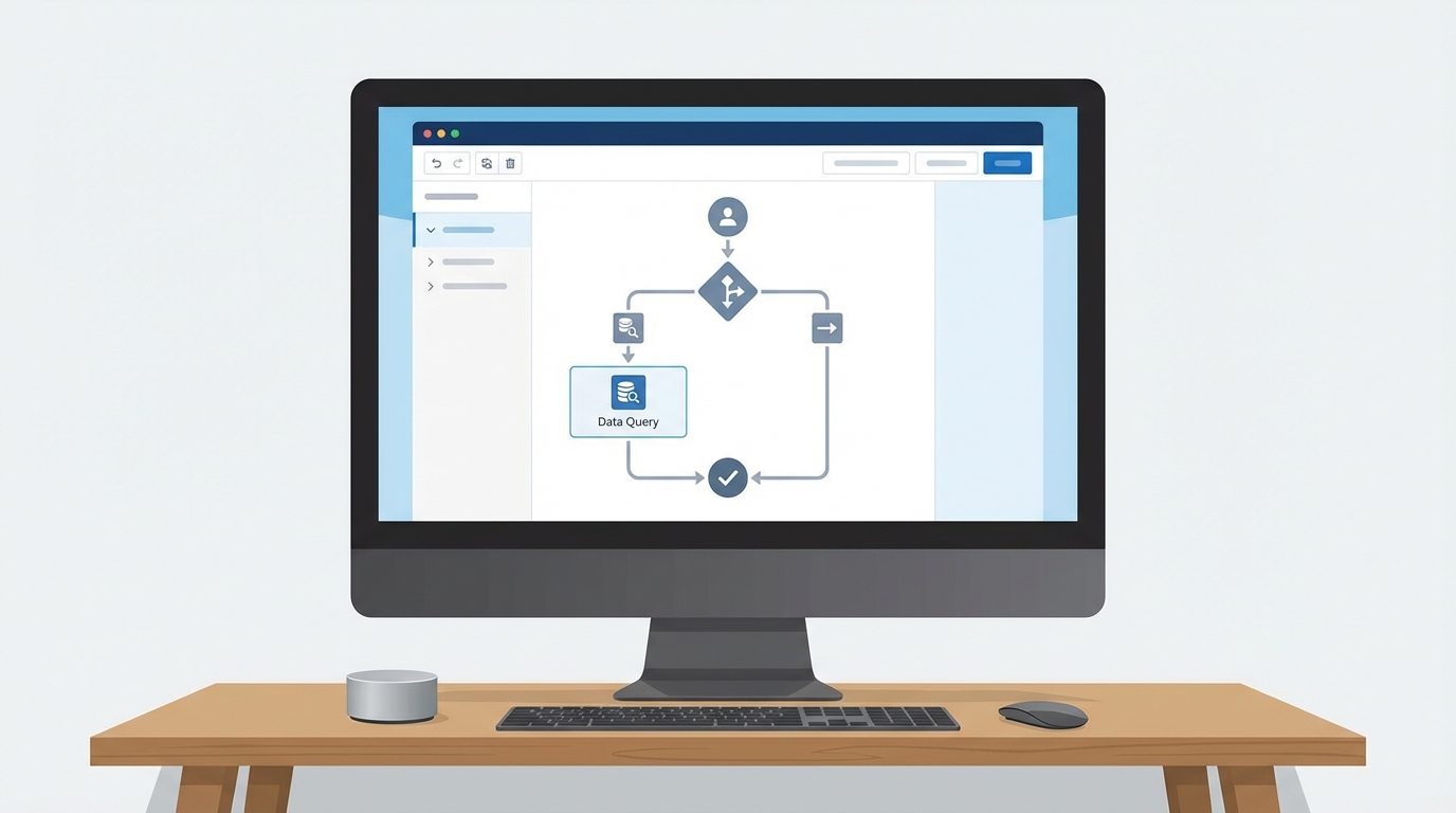 A Salesforce Flow Builder canvas showing a logic path where a decision element guards a data query to prevent errors.