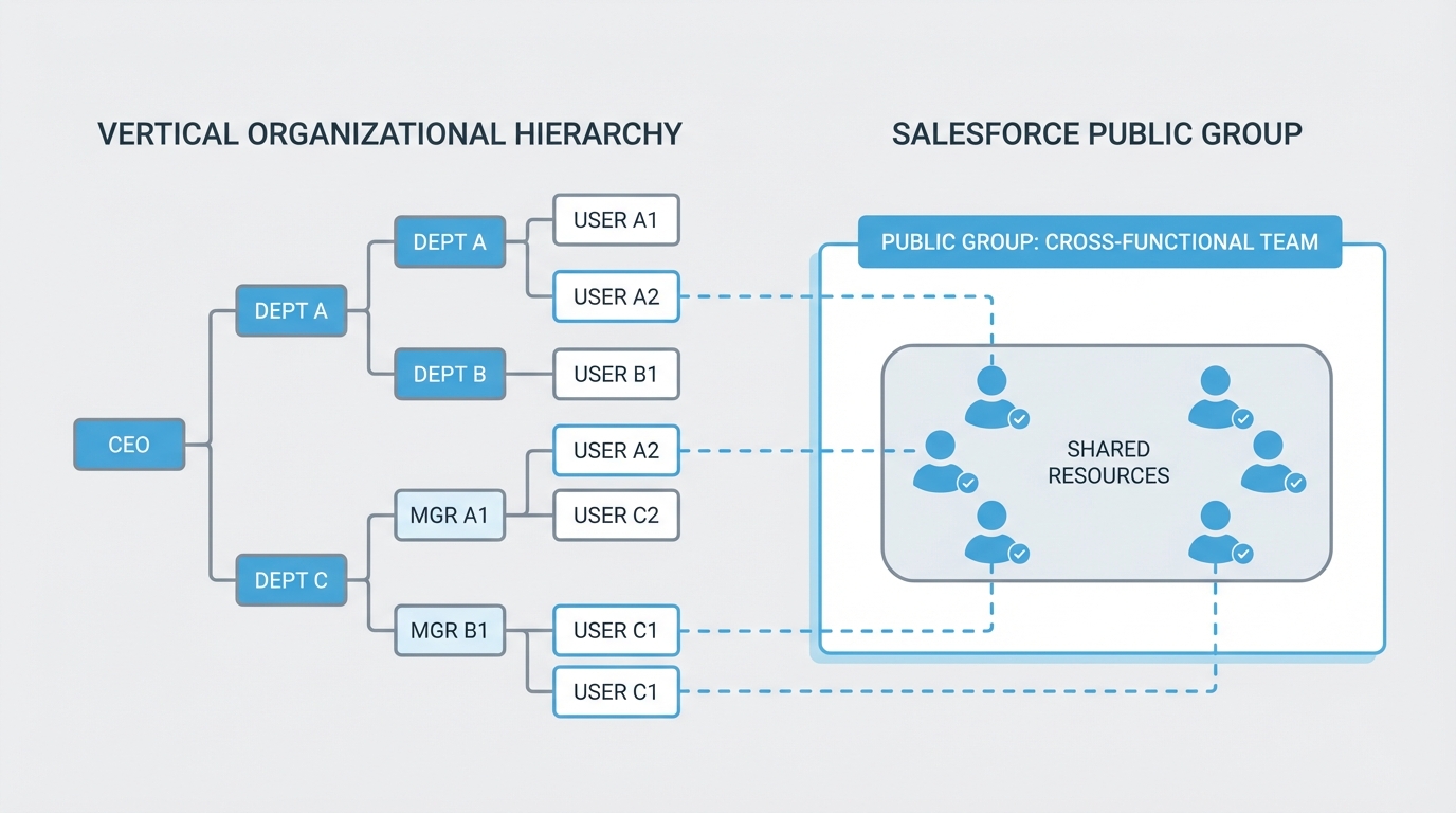A technical diagram illustrating how a Salesforce Public Group gathers members horizontally from different branches of a vertical organizational hierarchy.