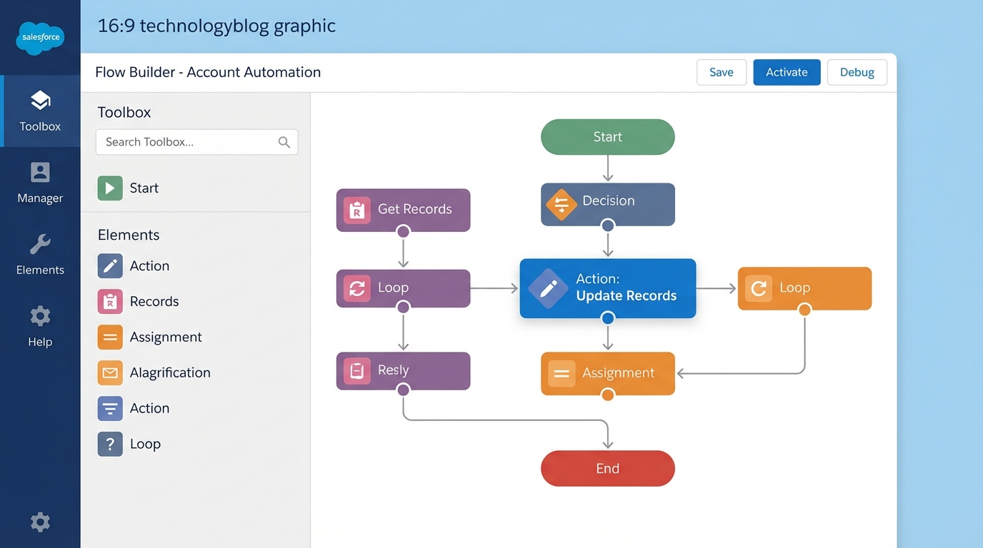 A realistic mockup of the Salesforce Flow Builder interface showing a workflow diagram with a highlighted Action element.