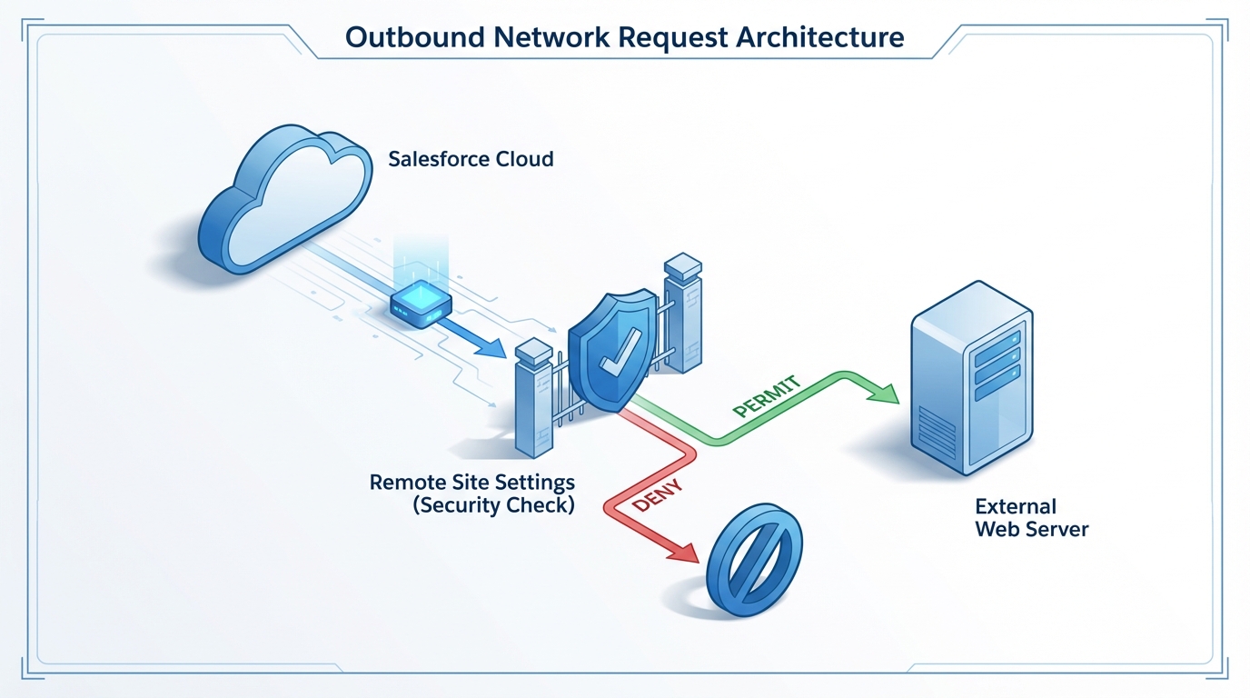 A technical architecture diagram showing the security handshake between Salesforce and an external domain through Remote Site Settings.