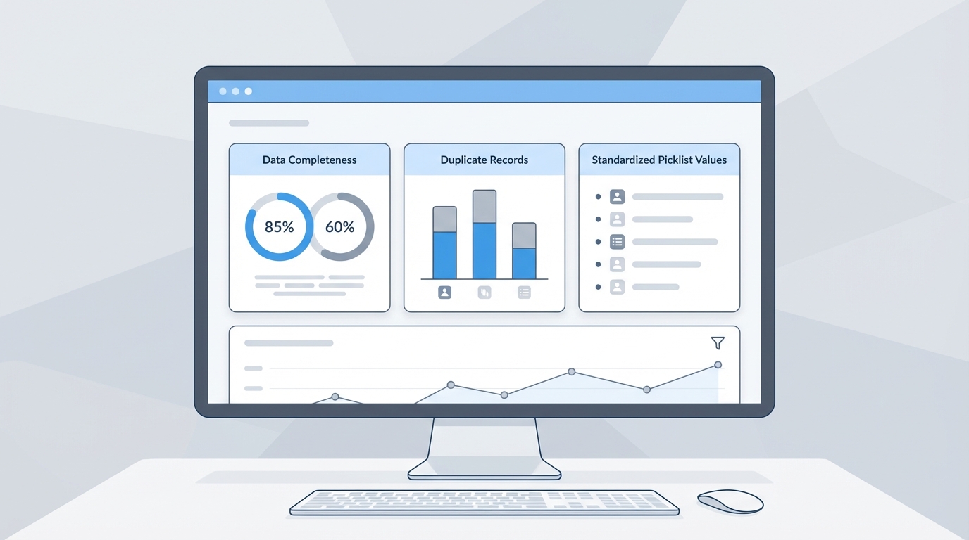 A professional Salesforce-style dashboard showing data health metrics like duplicate counts and field completeness.