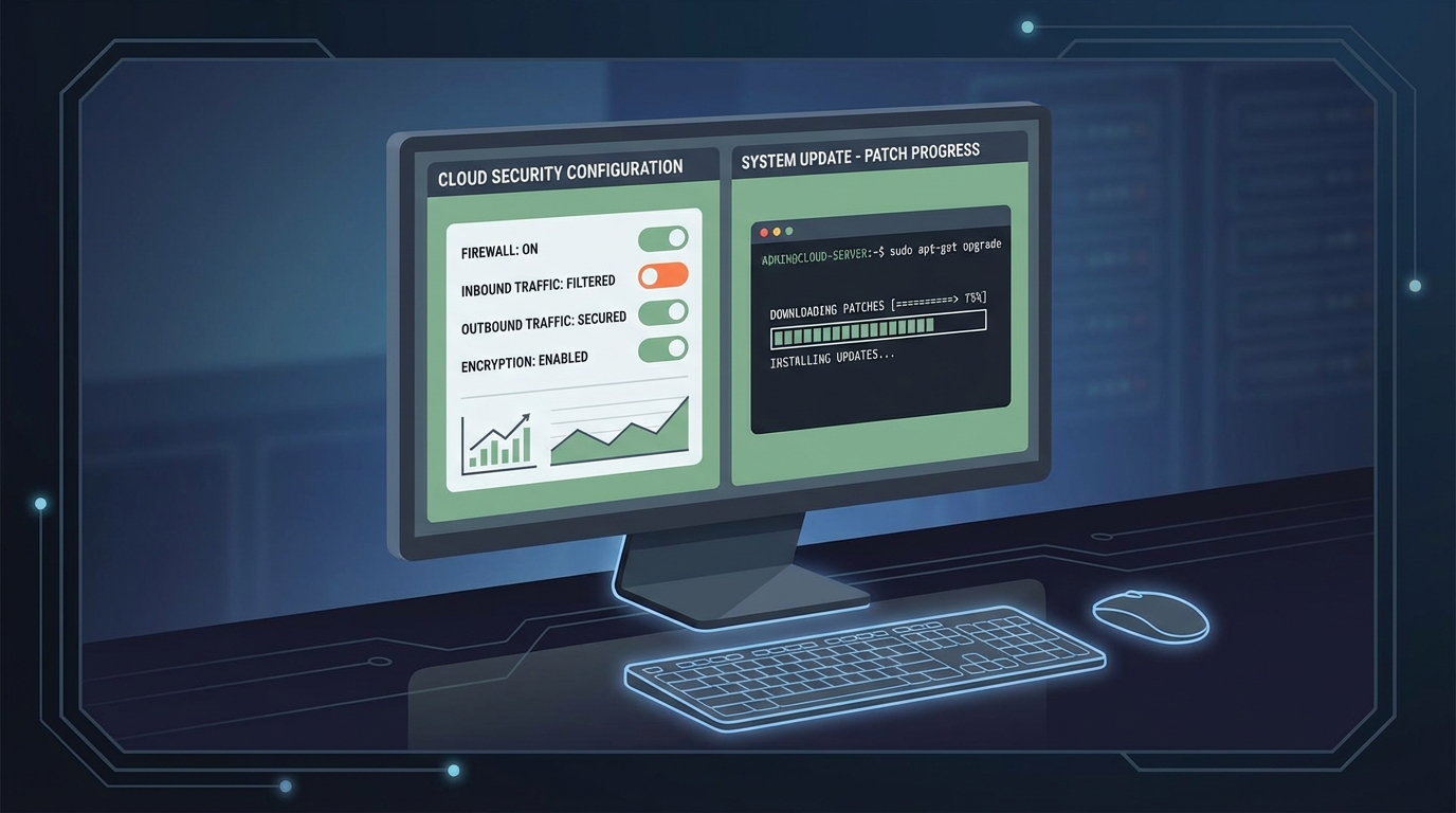 A professional cloud management interface showing network firewall settings and an operating system update terminal.