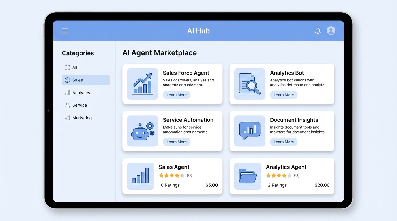A professional marketplace interface showing a grid of organized AI agent listings and category filters in a clean dashboard view.