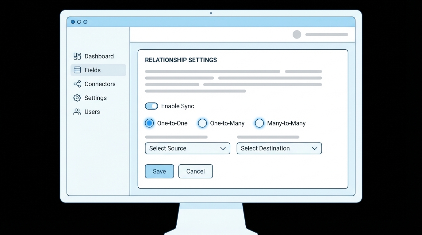 A clean, professional UI mockup of a database relationship configuration screen showing various selection options and settings.