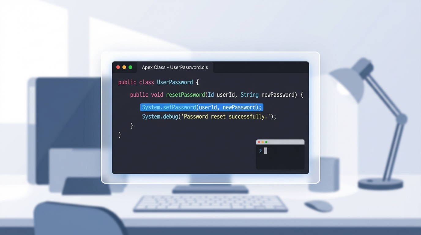 A clean code editor view showing Salesforce Apex code used to programmatically set a user password.