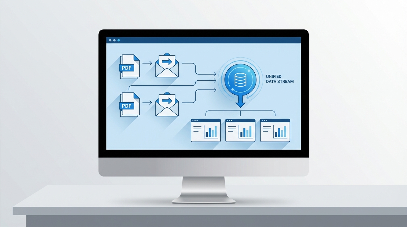 A professional software dashboard showing the integration of unstructured data sources like PDFs and emails into a central data cloud architecture.