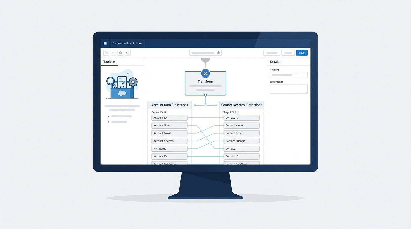 A realistic UI mockup of the Salesforce Flow Builder showing a Transform element used to map data between two collections.