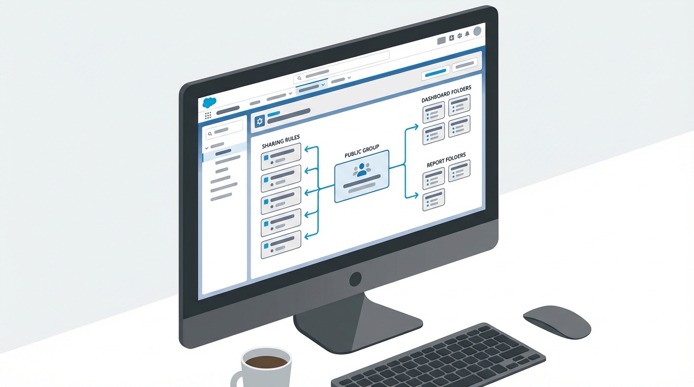 A professional UI mockup showing the complex dependencies between a Salesforce Public Group, sharing rules, and dashboard folder permissions.