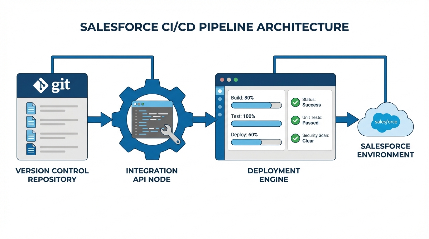 A professional architecture diagram showing the automated flow of data and metadata through a Salesforce CI/CD deployment pipeline.