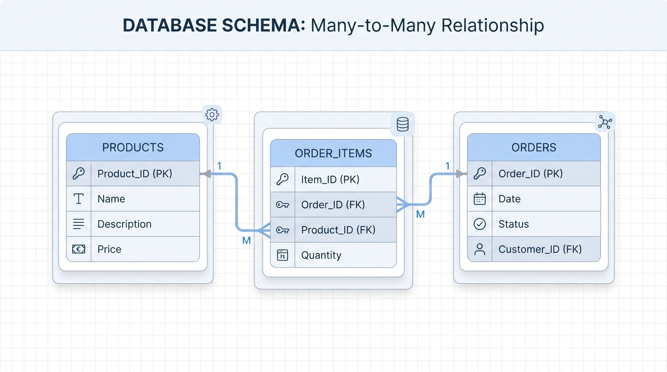 A professional database schema diagram showing a junction object connecting two parent objects in a Many-to-Many relationship.