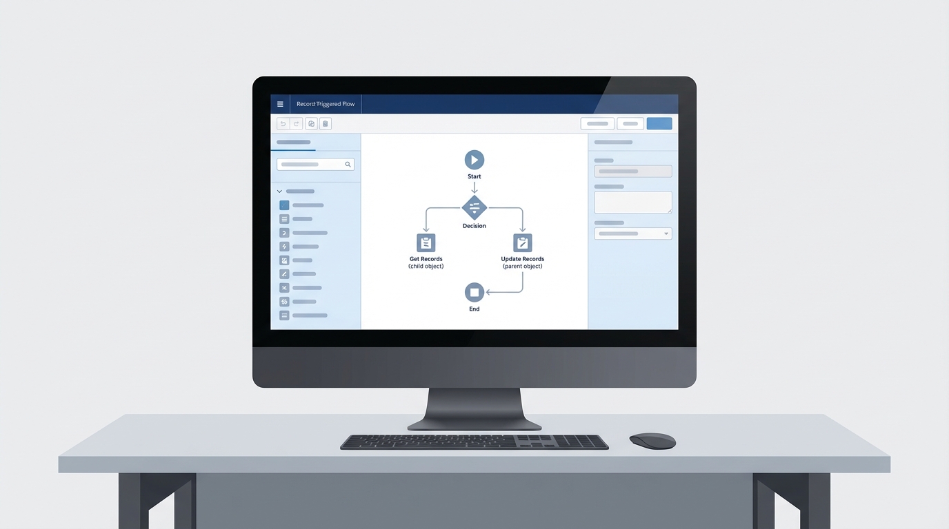 A realistic screenshot of a Salesforce Flow Builder canvas showing an automation path designed to sync data between related objects.
