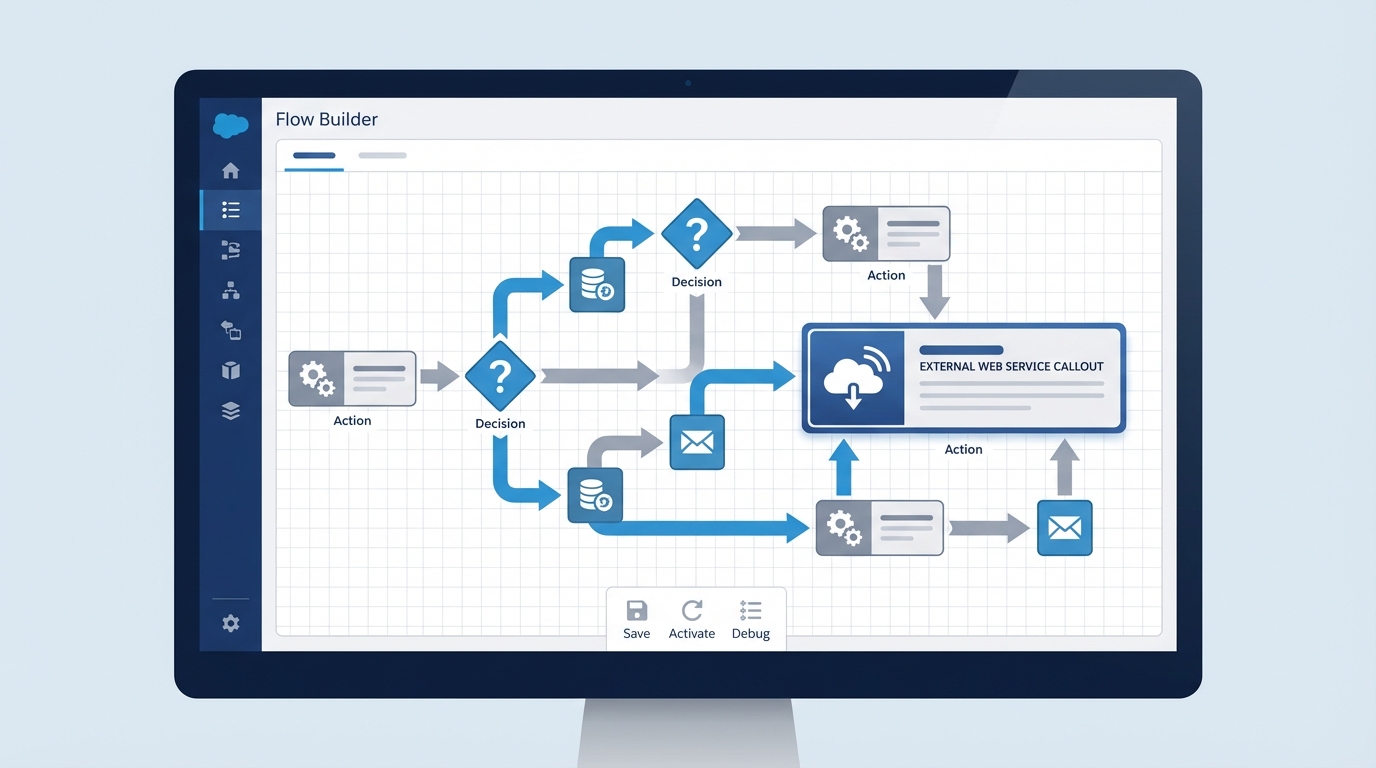 A realistic Salesforce Flow Builder interface showing a workflow designed for an external web service integration.