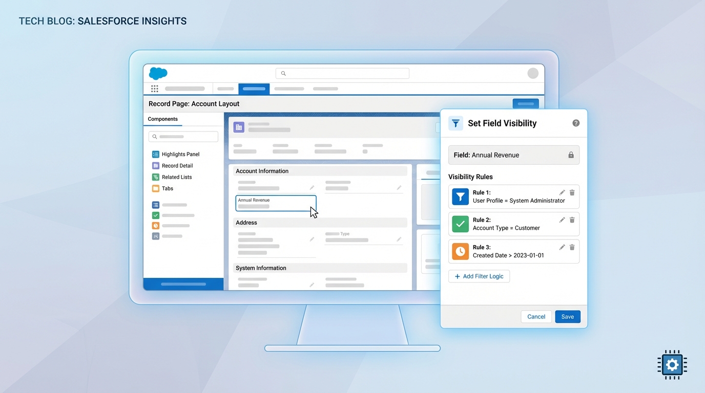 A professional UI mockup of the Salesforce Lightning App Builder showing field visibility logic being applied to a record page.
