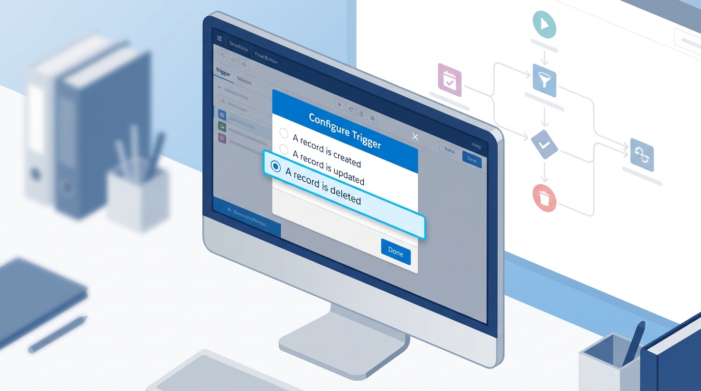 A realistic interface mockup of the Salesforce Flow Builder showing the configuration settings for a record-triggered flow set to run when a record is deleted.