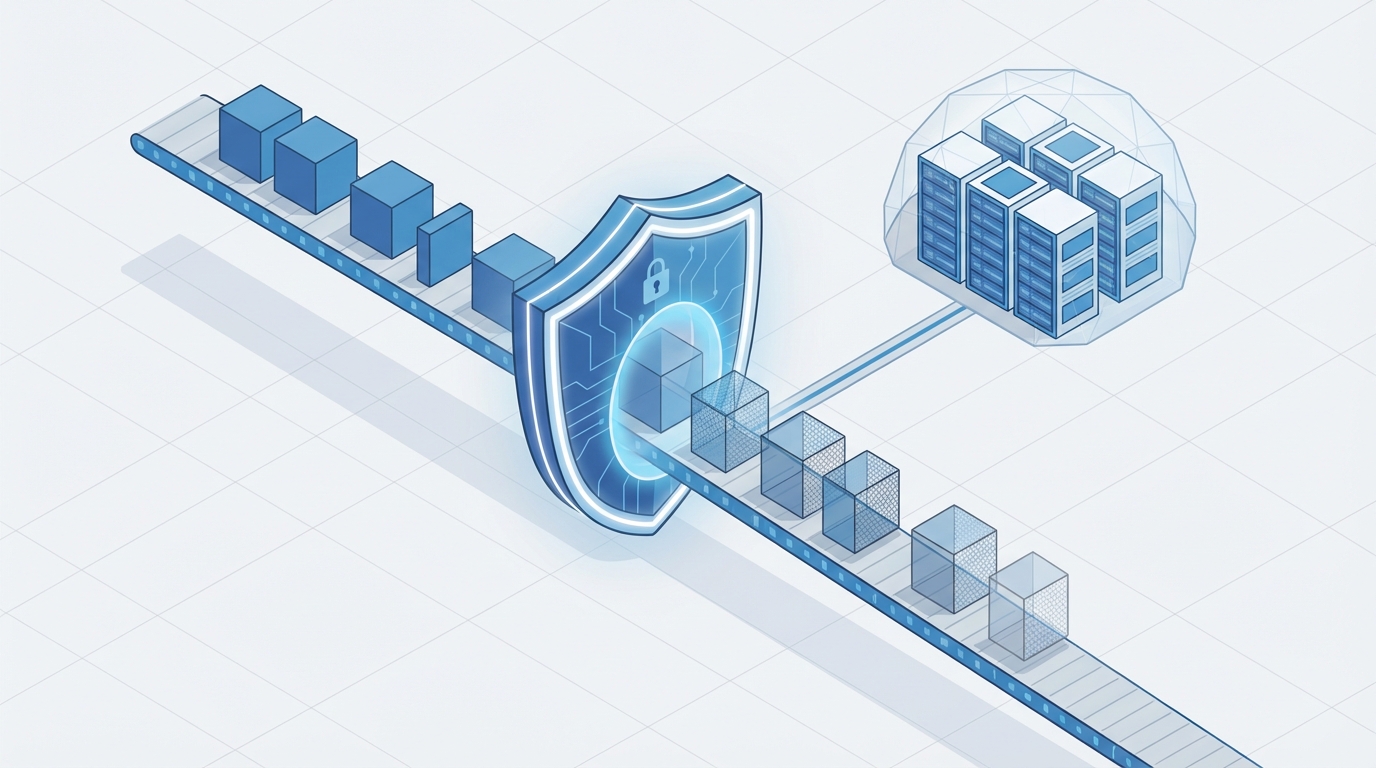 A technical architecture diagram showing the flow of data through a security and masking layer before reaching an AI model.