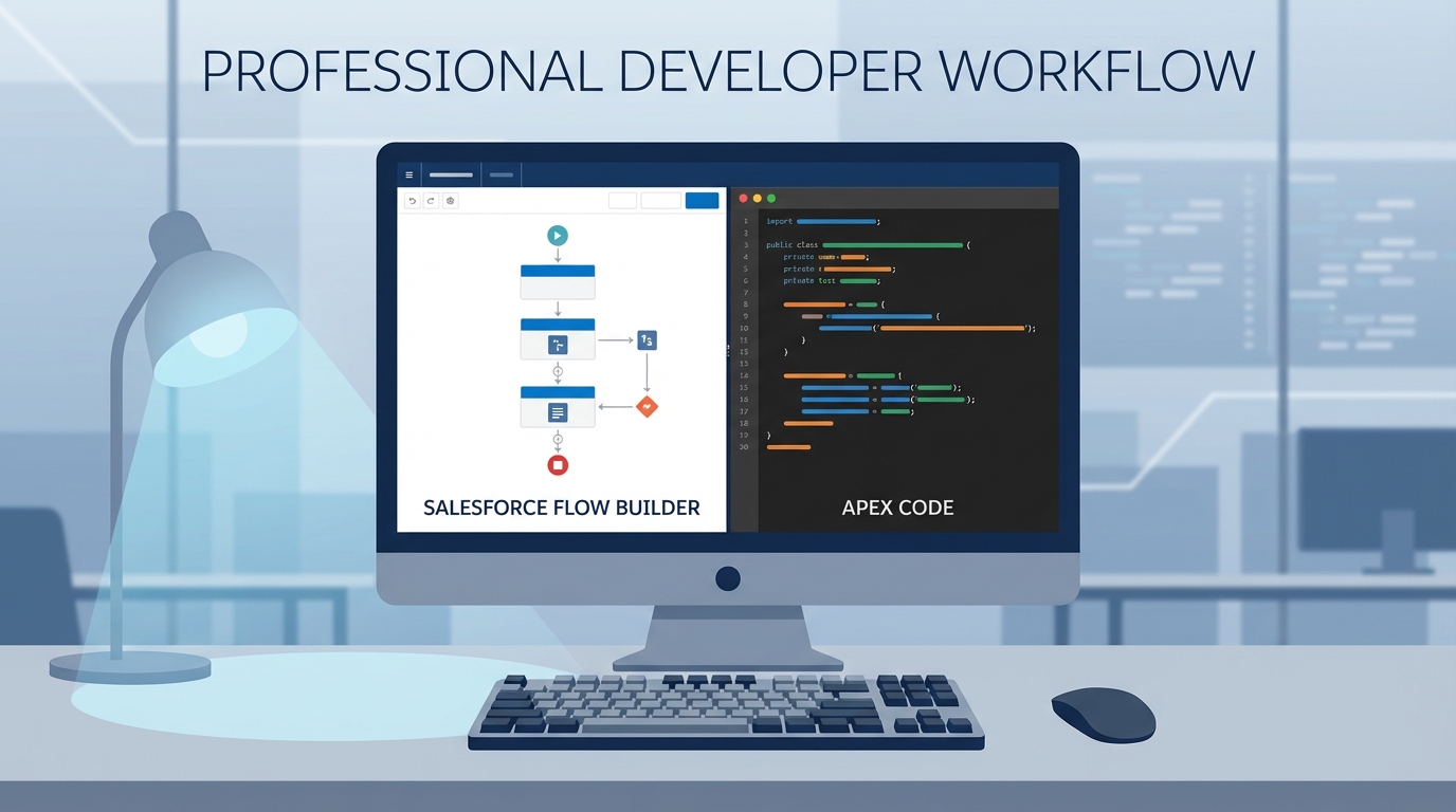 A professional developer's desk featuring a monitor with a Salesforce Flow diagram and Apex code editor.