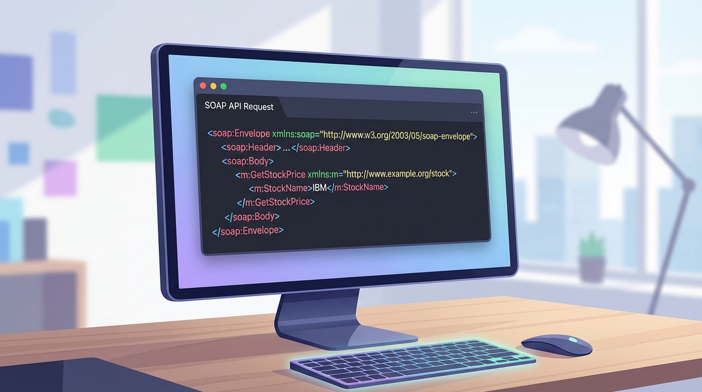 A realistic UI screenshot of a code editor displaying the structured XML of a SOAP API request with distinct header and body sections.