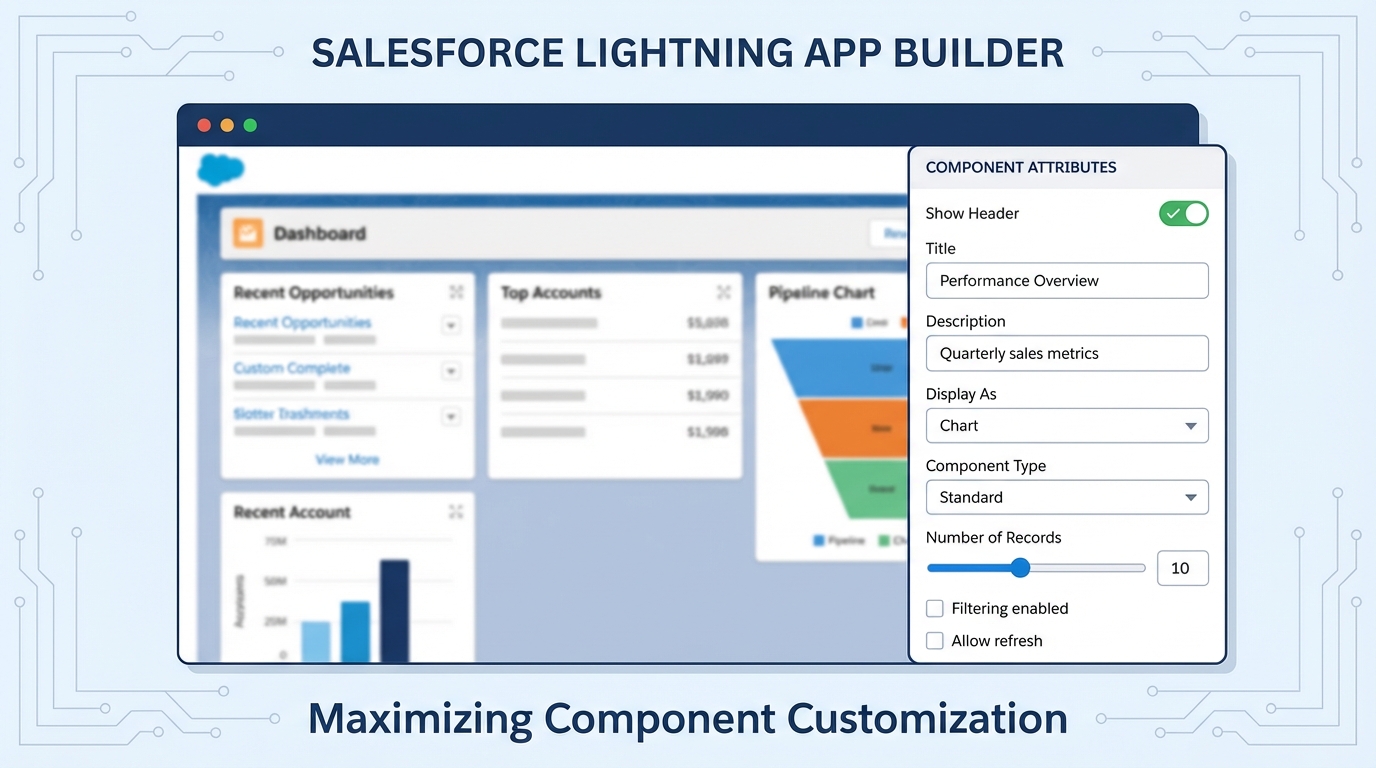 A realistic UI mockup of the Salesforce Lightning App Builder showing the property panel with various admin-configurable settings for a custom component.