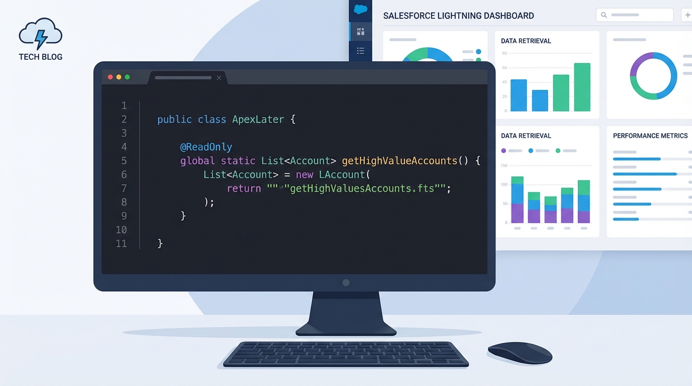 A professional code editor displaying a Salesforce Apex method with the @ReadOnly annotation next to a blurred data dashboard.