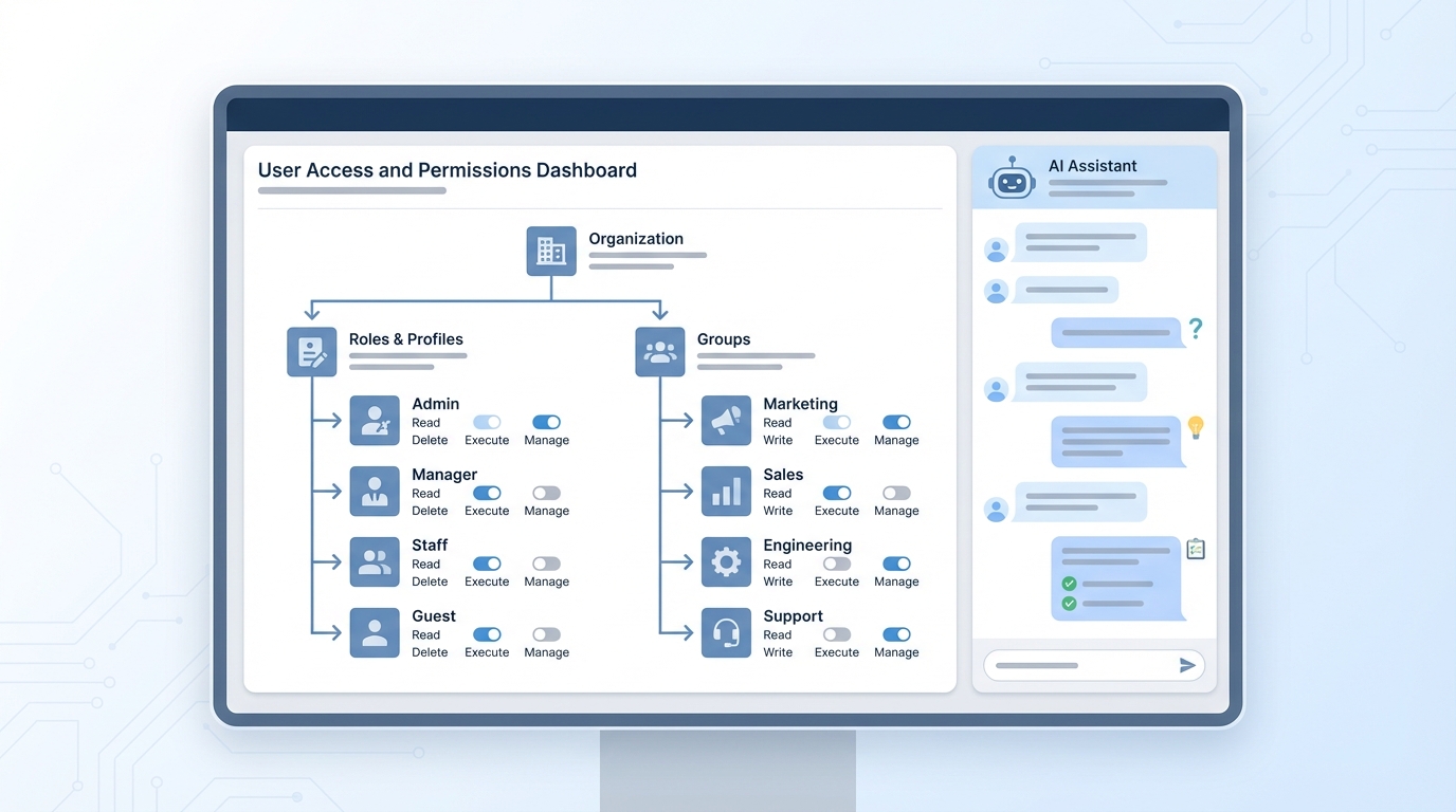 A professional software dashboard showing user permission hierarchies and an integrated AI assistant panel for auditing access levels.