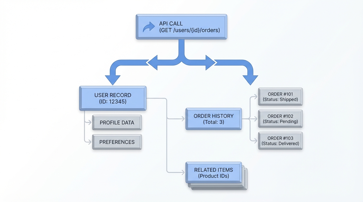 An architectural diagram illustrating a single API request creating multiple linked parent and child records in a cloud database.