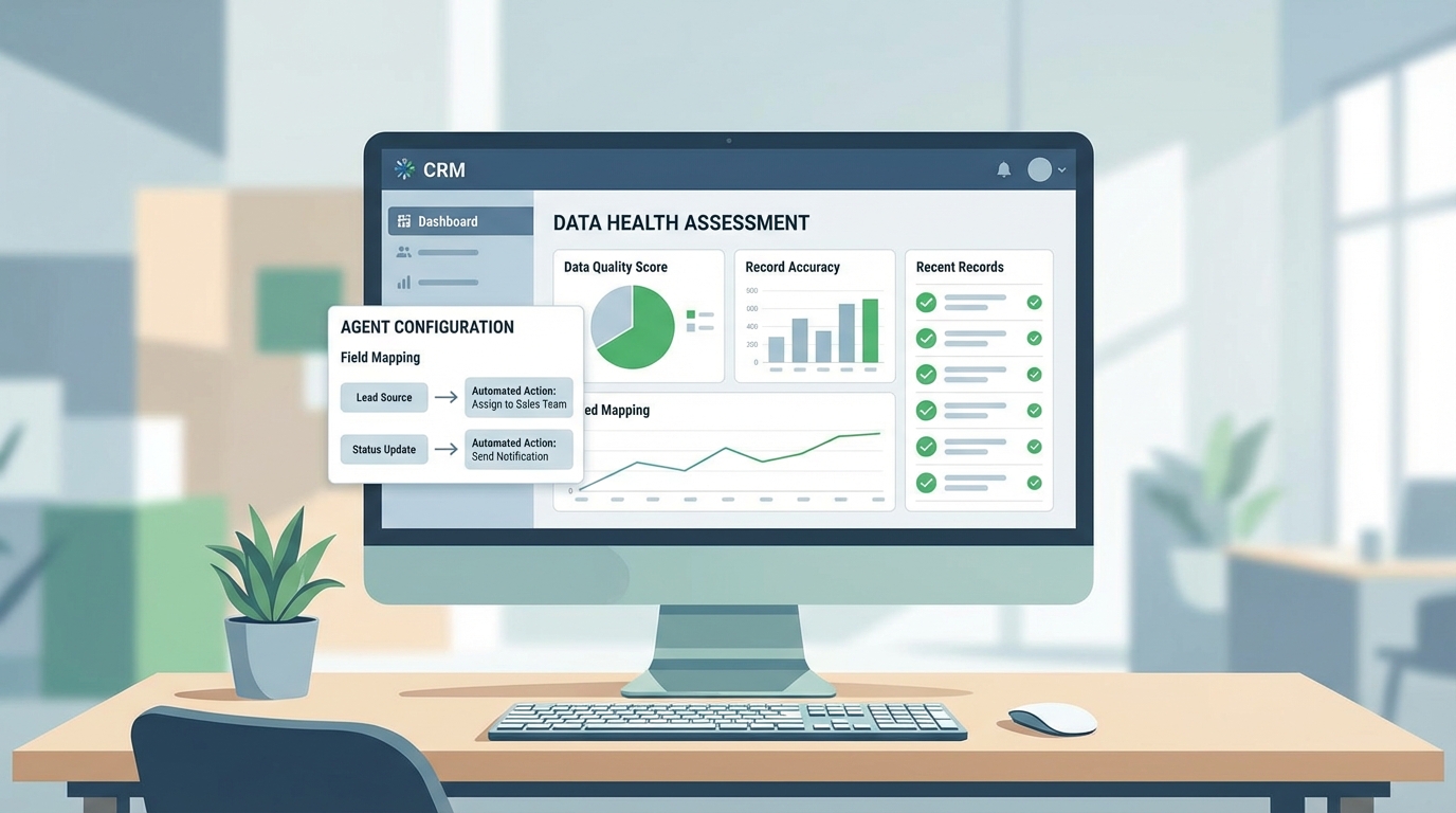 A professional UI mockup of a Salesforce dashboard showing organized data structures and AI agent configuration settings.