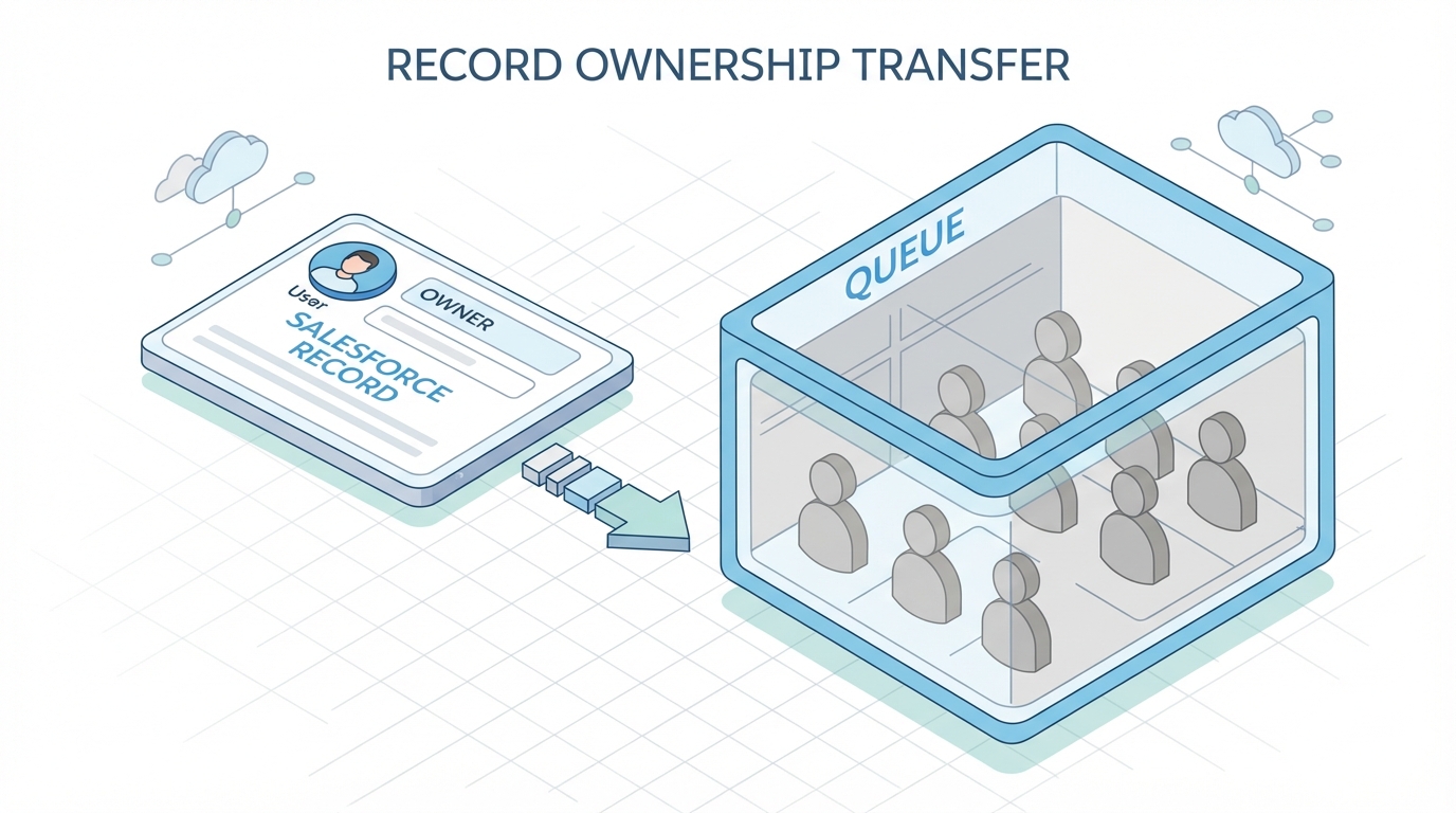 A technical diagram showing a Salesforce record transitioning from individual user ownership to a group-based queue container.