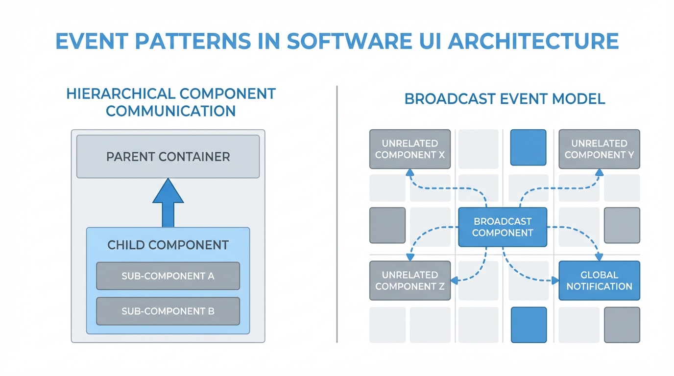 A technical diagram comparing the direct parent-child communication of component events with the broad, multi-component broadcast of application events.