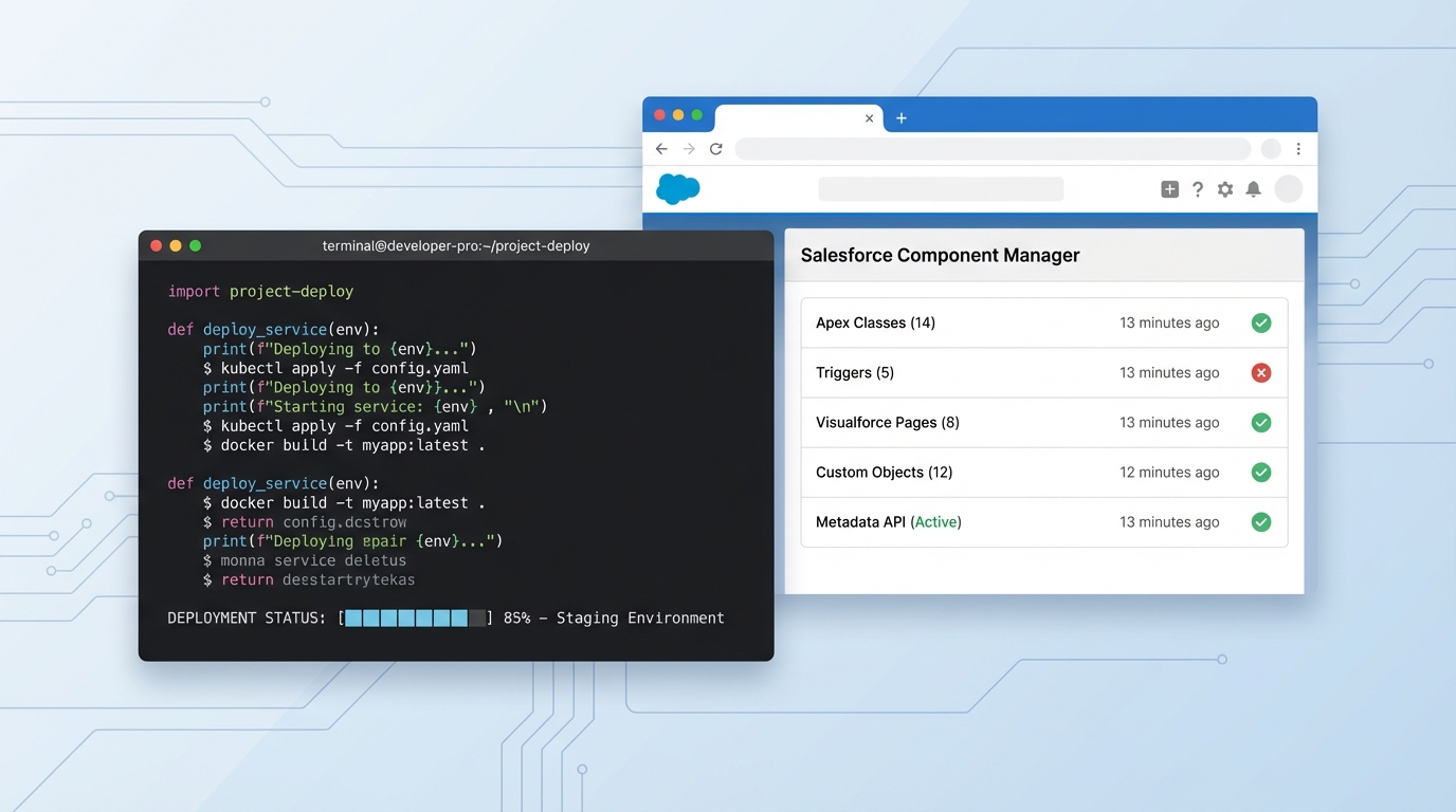 A professional developer's screen showing a terminal window with deployment code next to a Salesforce OmniStudio component management interface.
