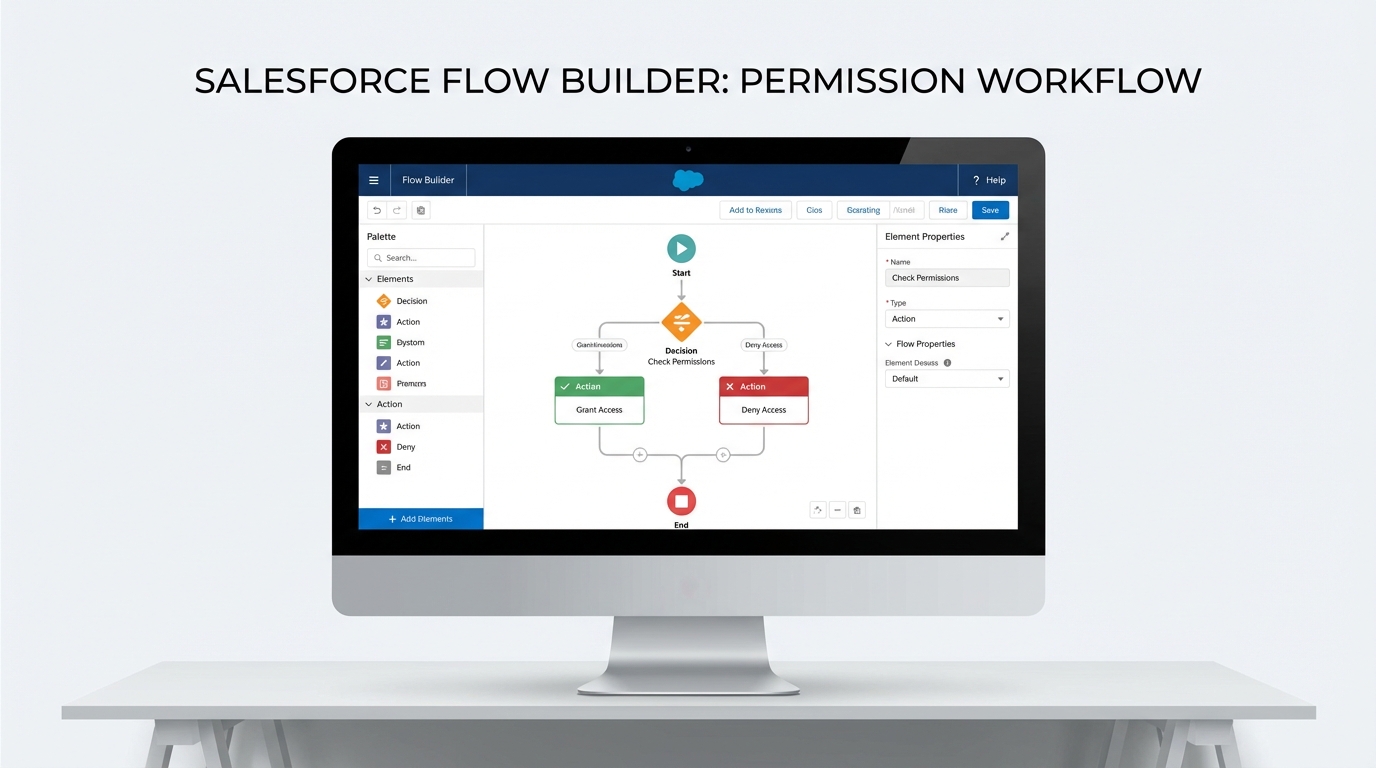 A high-resolution UI mockup of the Salesforce Flow Builder interface showing a complex automation workflow with decision logic and various action nodes.