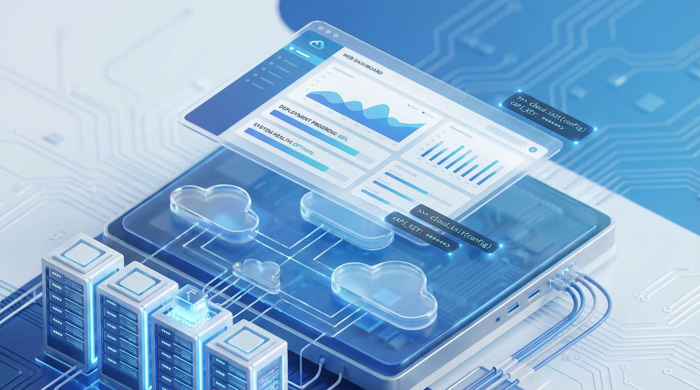 A professional technical illustration showing the transition from physical cloud infrastructure to a developer-focused platform dashboard.