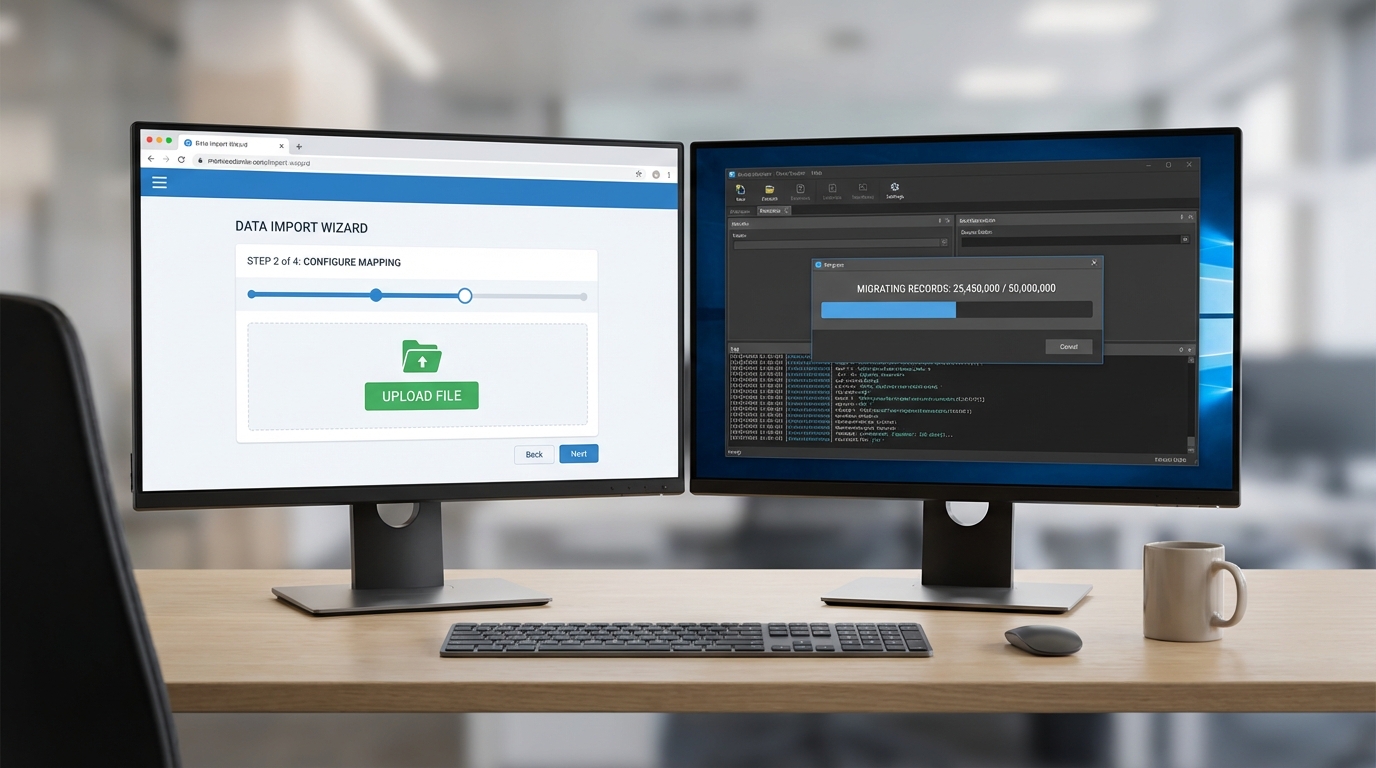 A side-by-side comparison of a simple web-based data import wizard and a powerful desktop data loading application processing a large volume of records.
