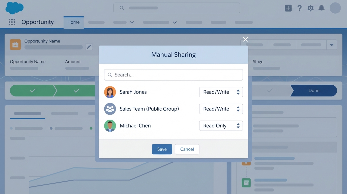 A professional UI mockup showing the Salesforce manual sharing dialog where specific users are granted individual access levels to a record.
