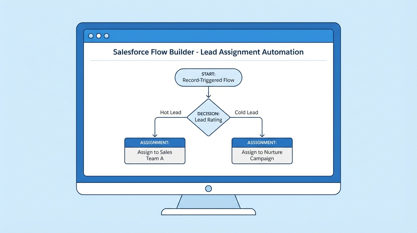 A professional screenshot of the Salesforce Flow Builder interface showing a lead assignment logic diagram with decision branches.