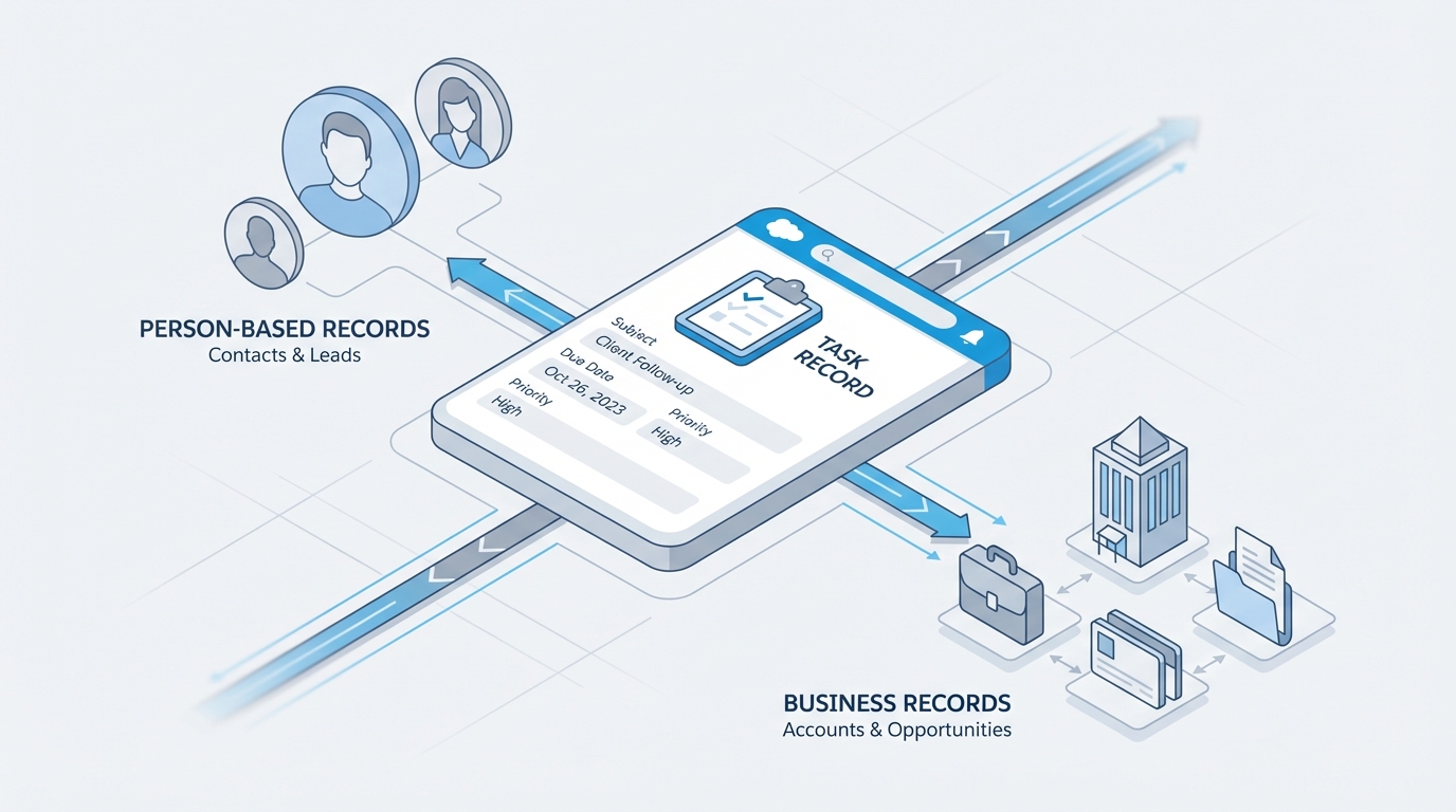A technical diagram illustrating the relationship between a Salesforce Task and its related records, distinguishing between person-based entities and business-based objects.