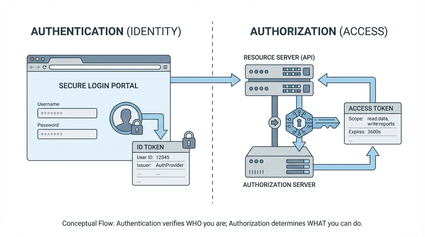 A technical diagram comparing the authentication flow of a user identity token with the authorization flow of a resource access token.