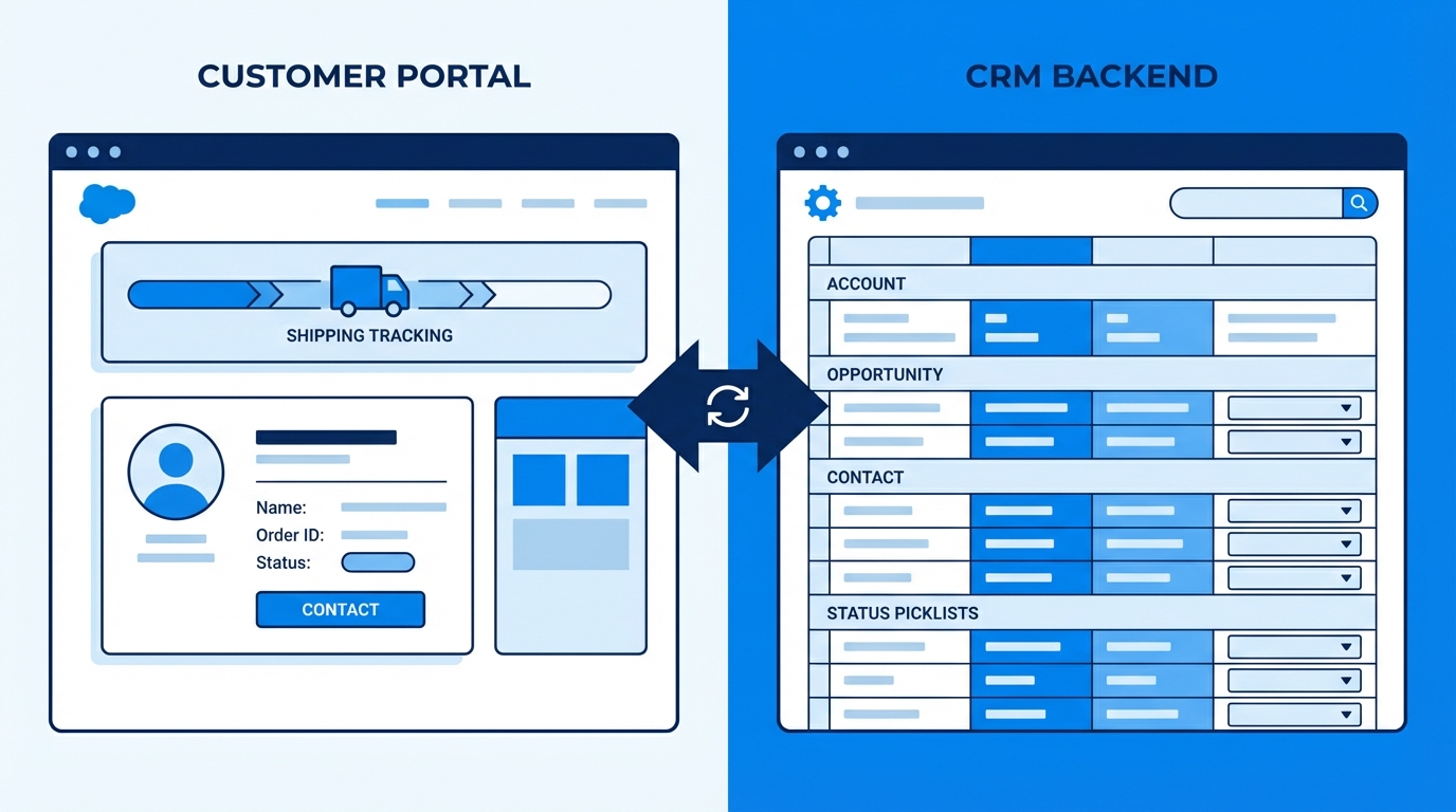 A side-by-side comparison of a customer-facing web portal and a Salesforce CRM record page showing real-time data synchronization.