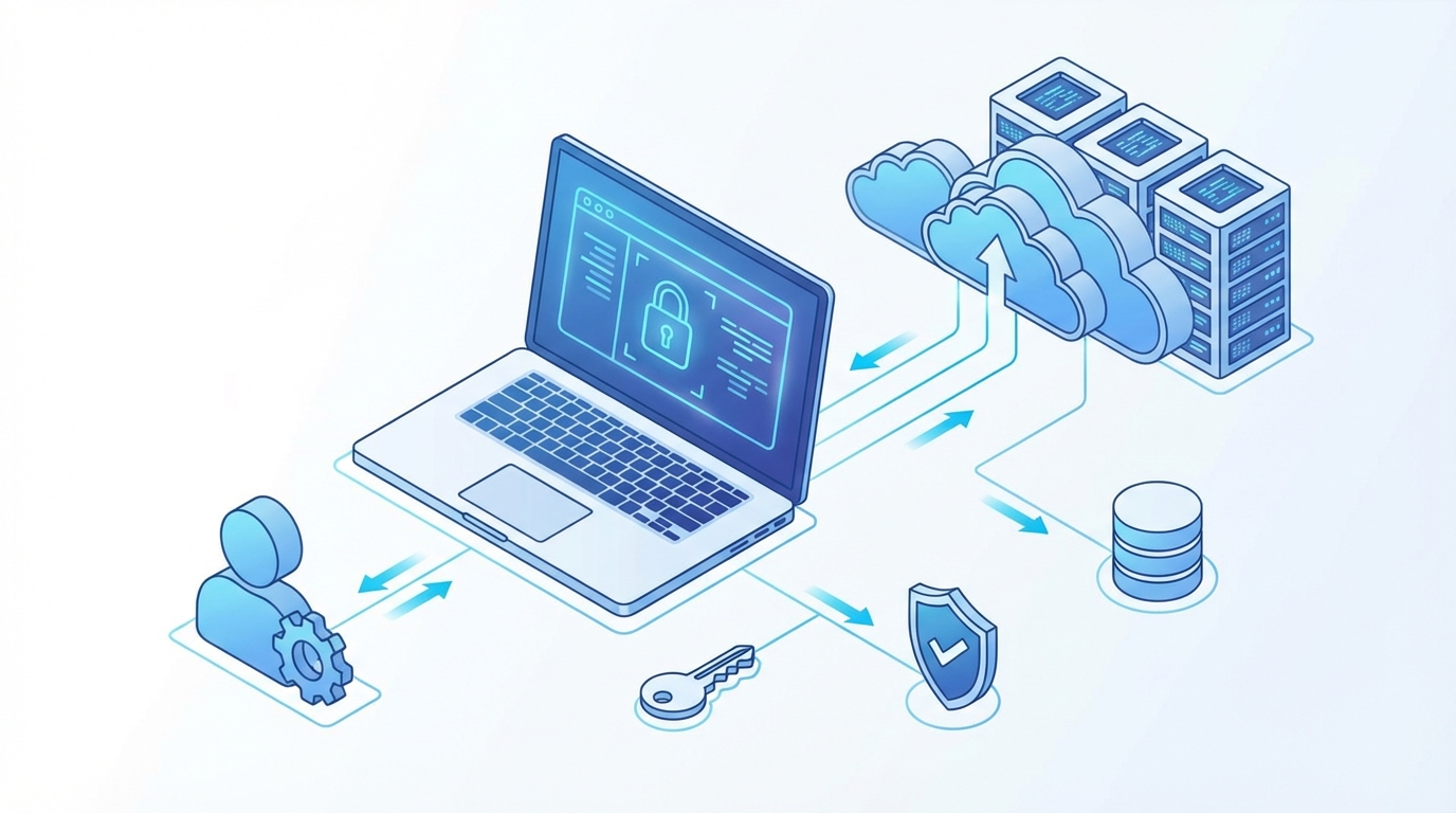 A high-quality architectural diagram illustrating the secure OAuth data flow between a client application and a cloud server.