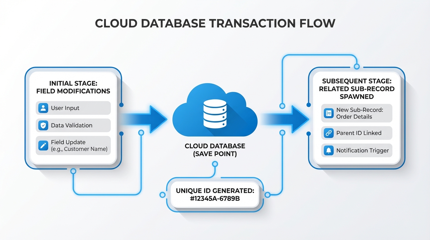 A professional technical diagram showing the process of a Salesforce record save from initial field validation to database commit and child record creation.