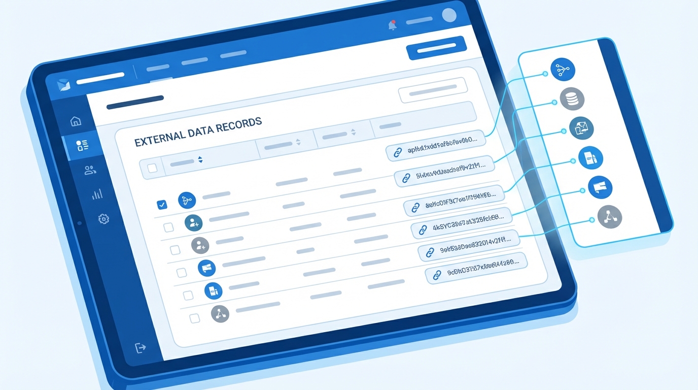 A professional UI mockup of a CRM record page showing a related list of integrated external data records.