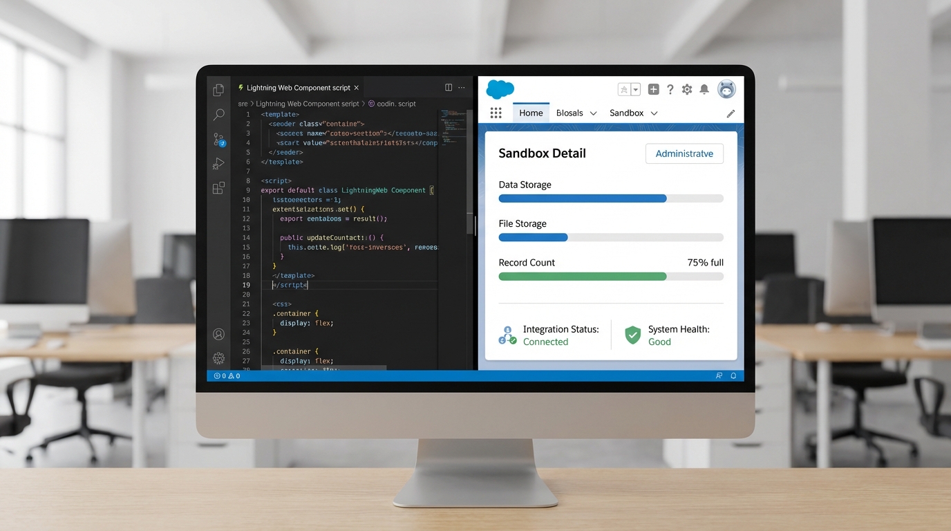 A professional split-screen showing a coding environment and a Salesforce administrative dashboard displaying data storage metrics.