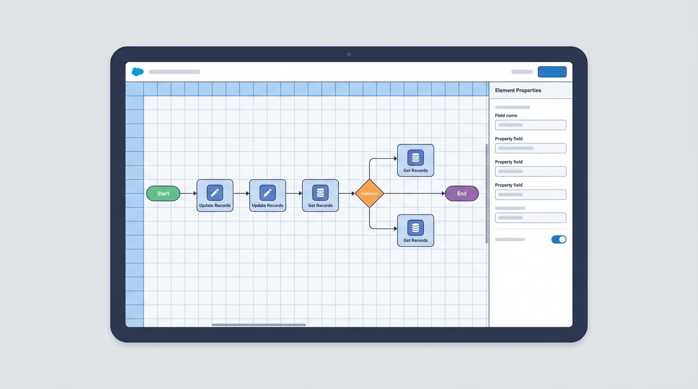 A professional UI mockup of the Salesforce Flow Builder showing a complex sequence of logic nodes and data update elements in a clean auto-layout view.