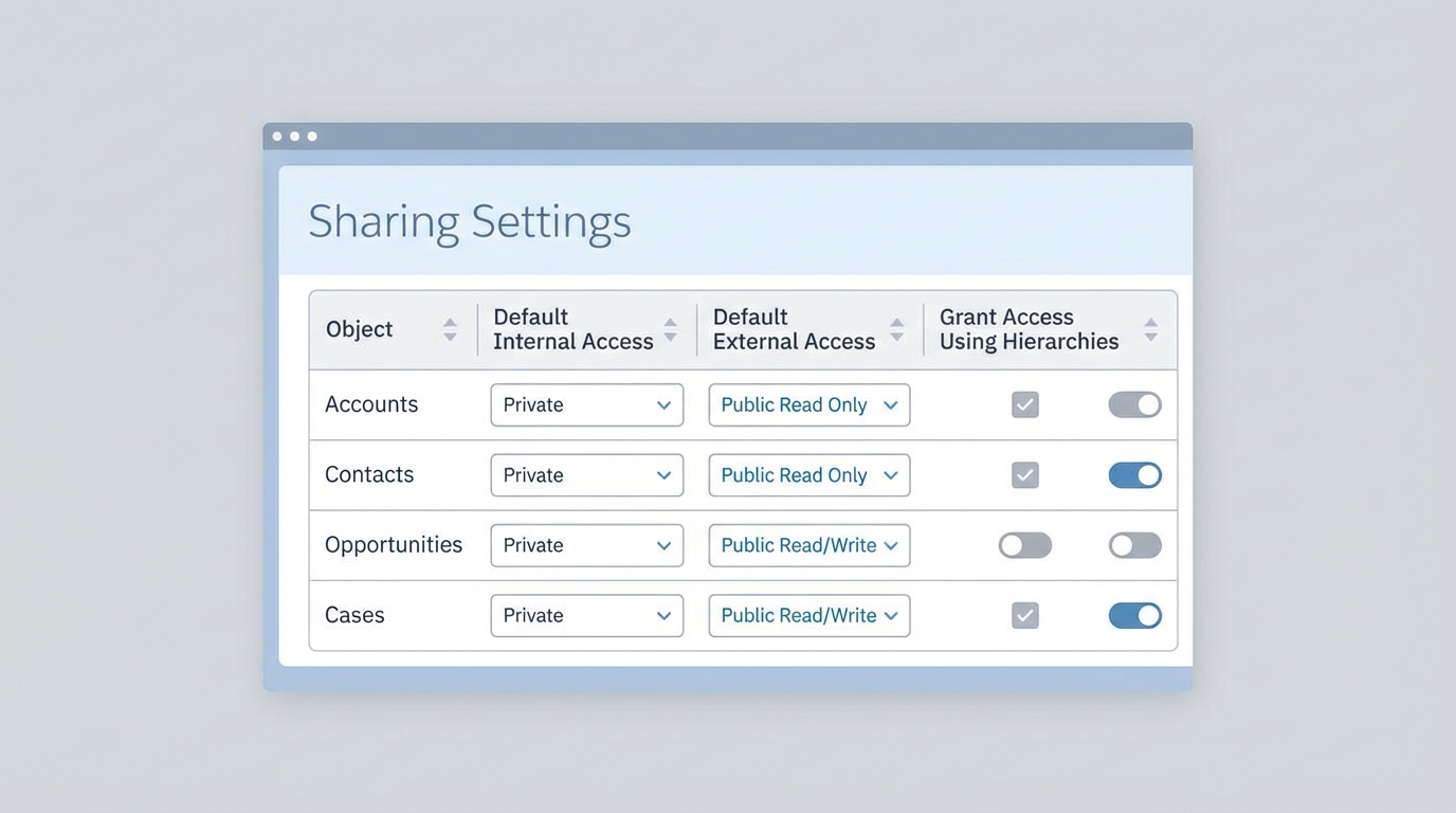 A professional UI mockup of a Salesforce sharing settings dashboard showing organizational data access levels.